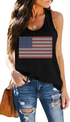 USA Tank Tops Women: Flag Sequin Tank Patriotic Shirts 4th of July Sleeveless T Shirt Summer Casual Bling Tops
