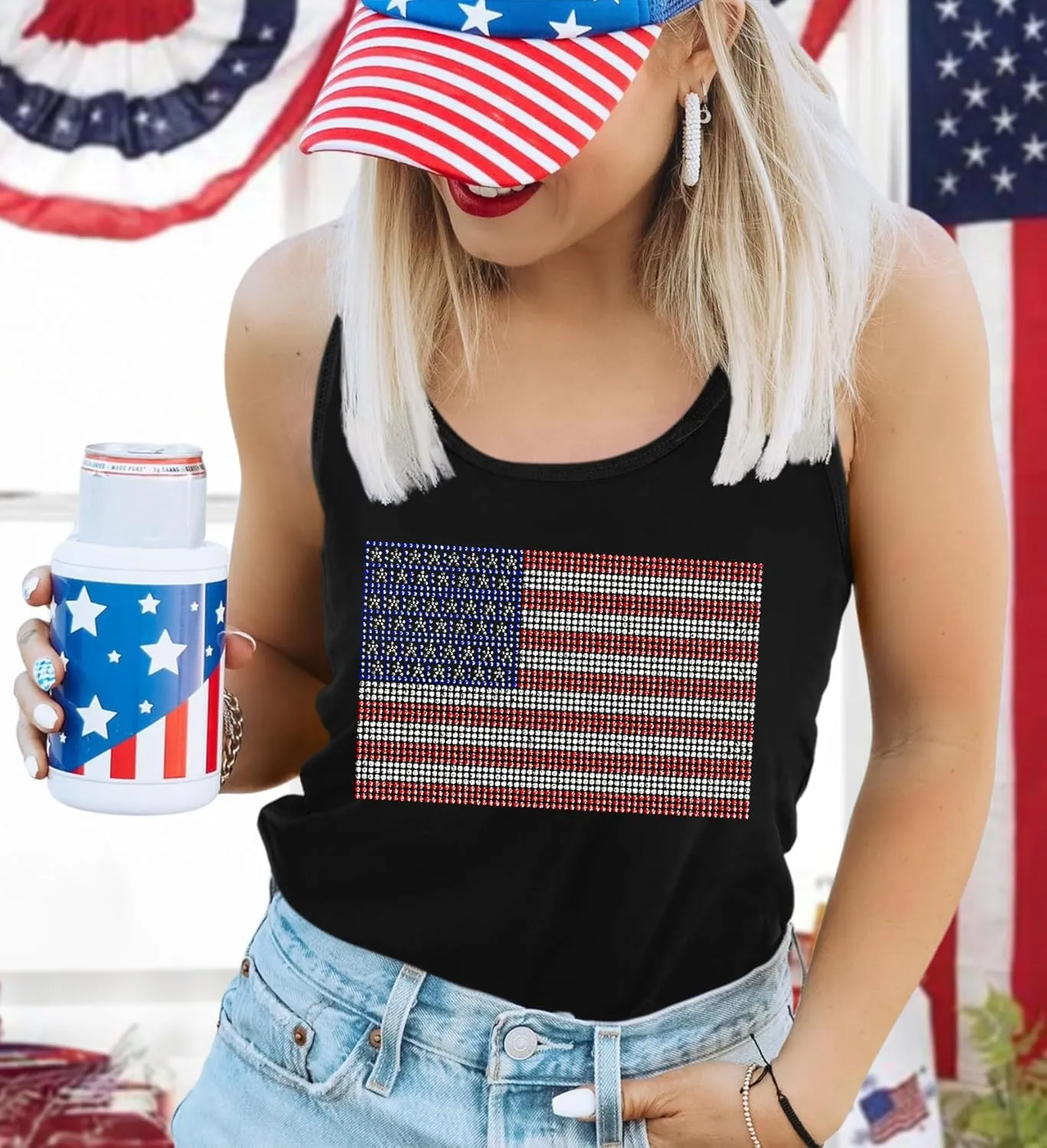 USA Tank Tops Women: Flag Sequin Tank Patriotic Shirts 4th of July Sleeveless T Shirt Summer Casual Bling Tops