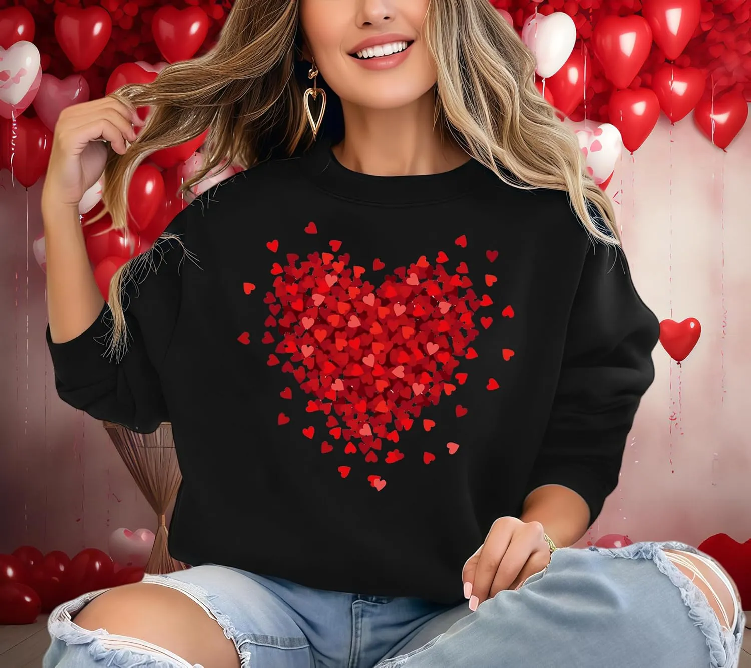 Valentine's Day Women's Funny Love Heart Graphic Shirt - Casual Long Sleeve Pullover Top