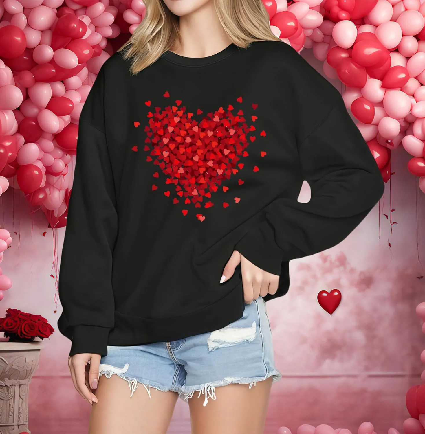 Valentine's Day Women's Funny Love Heart Graphic Shirt - Casual Long Sleeve Pullover Top