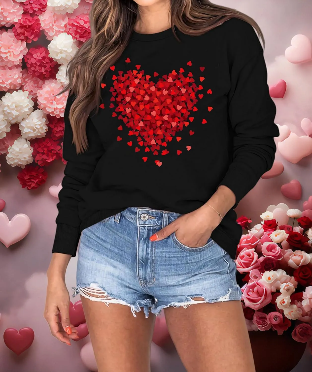 Valentine's Day Women's Funny Love Heart Graphic Shirt - Casual Long Sleeve Pullover Top