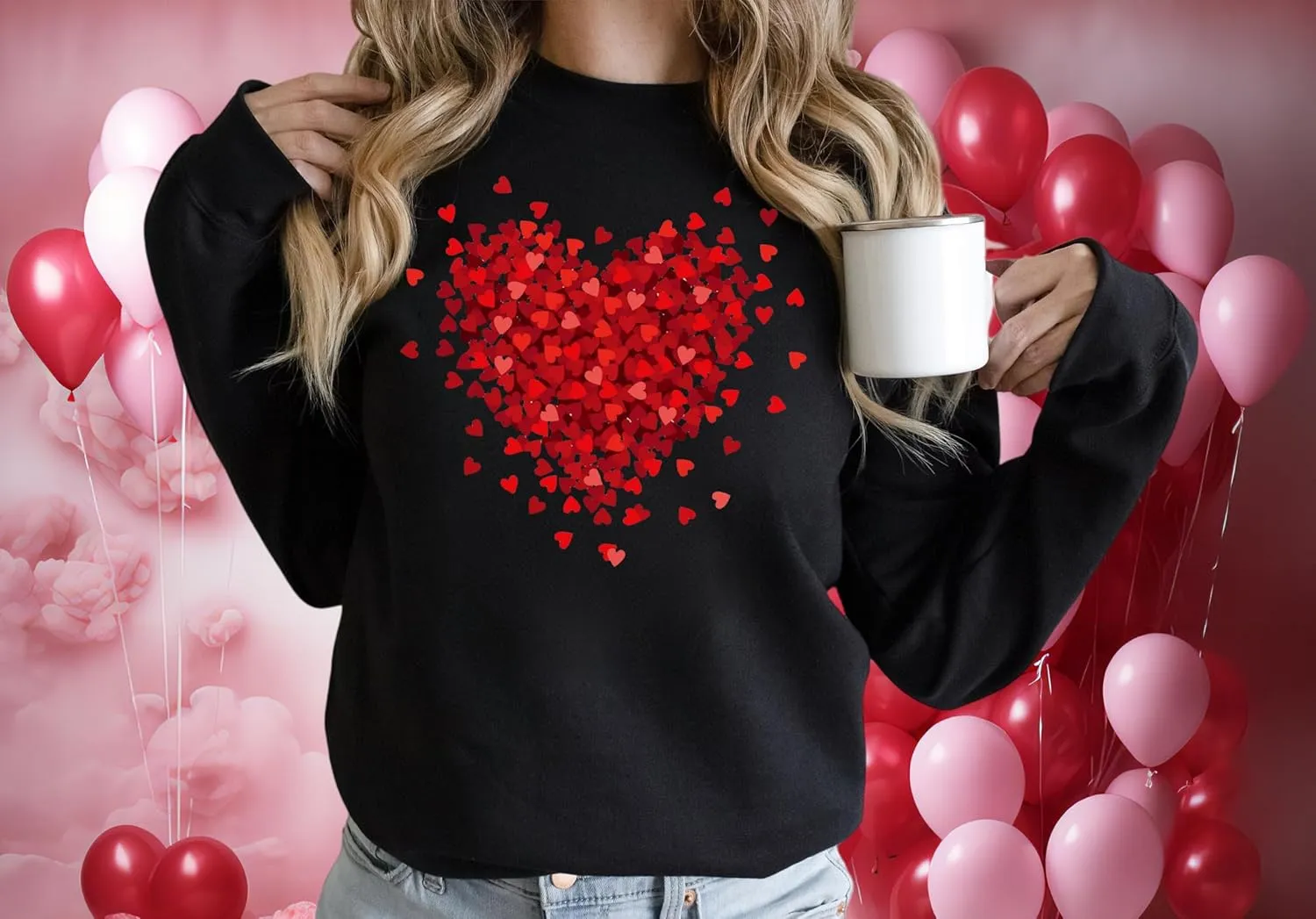 Valentine's Day Women's Funny Love Heart Graphic Shirt - Casual Long Sleeve Pullover Top