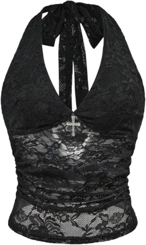 Verdusa Women's Gothic Sexy Halter Top Deep V Mesh Sheer Backless Fitted Crop Going Out Tops