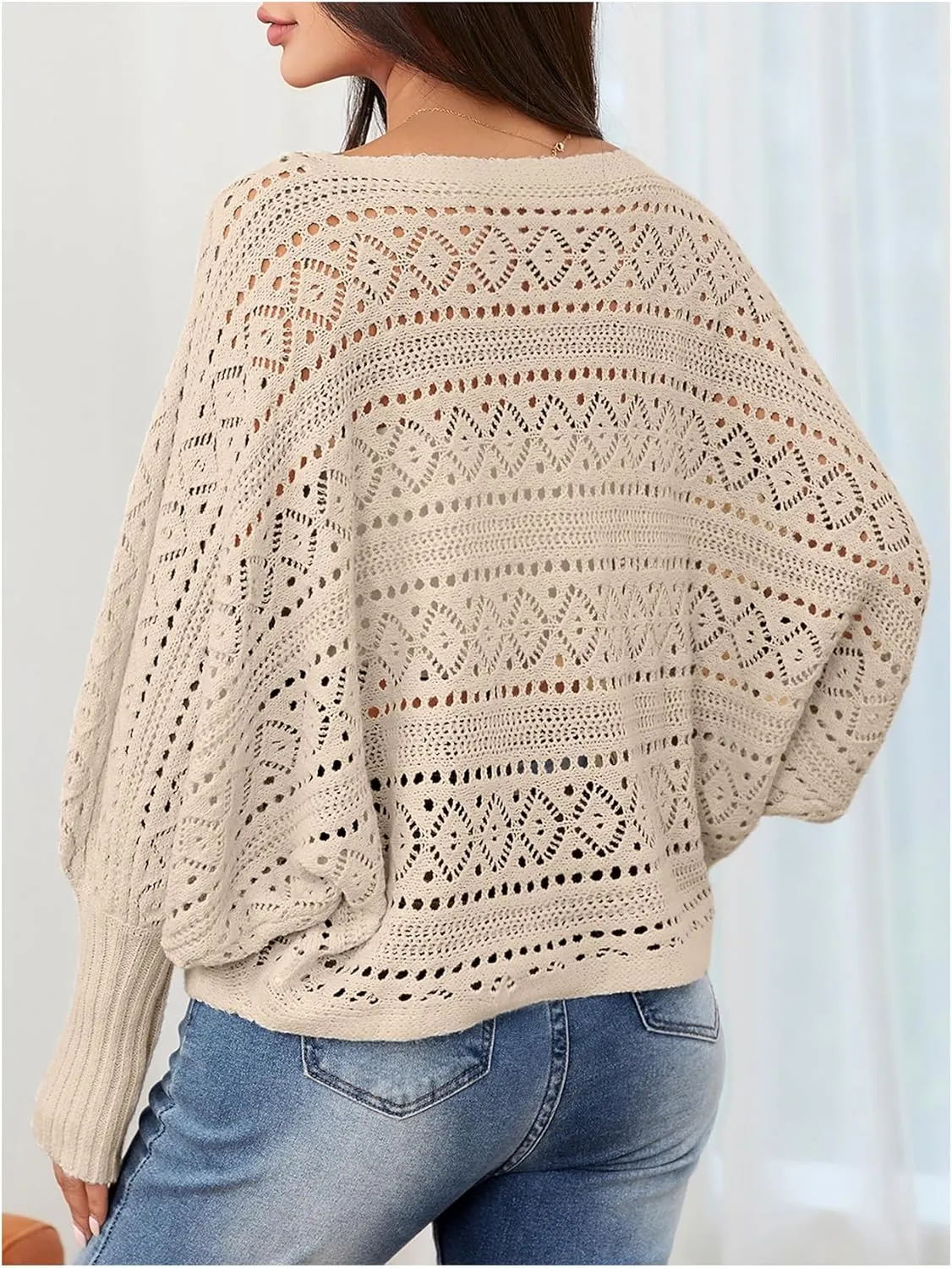 Verdusa Women's Off The Shoulder Sweater Crochet Dolman Sleeve Hollow Out Oversized Boat Neck Long Sleeve Pullovers
