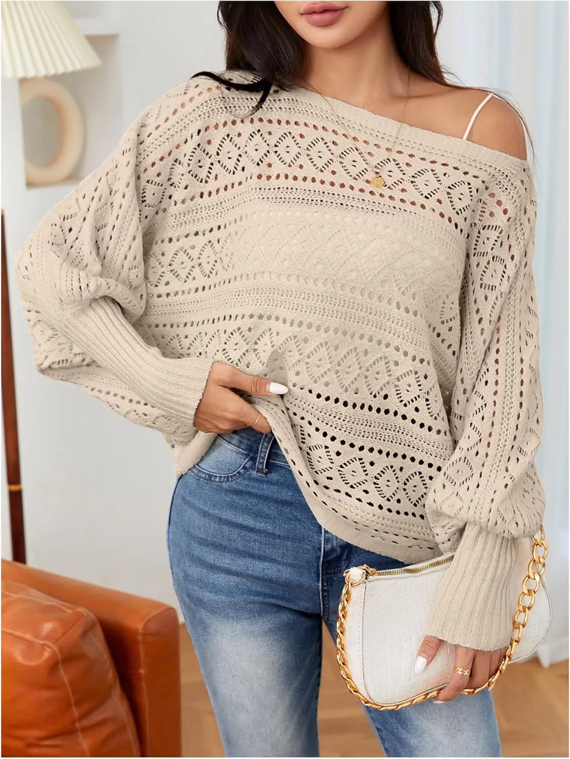 Verdusa Women's Off The Shoulder Sweater Crochet Dolman Sleeve Hollow Out Oversized Boat Neck Long Sleeve Pullovers