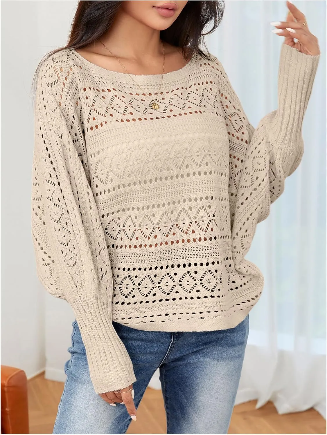 Verdusa Women's Off The Shoulder Sweater Crochet Dolman Sleeve Hollow Out Oversized Boat Neck Long Sleeve Pullovers