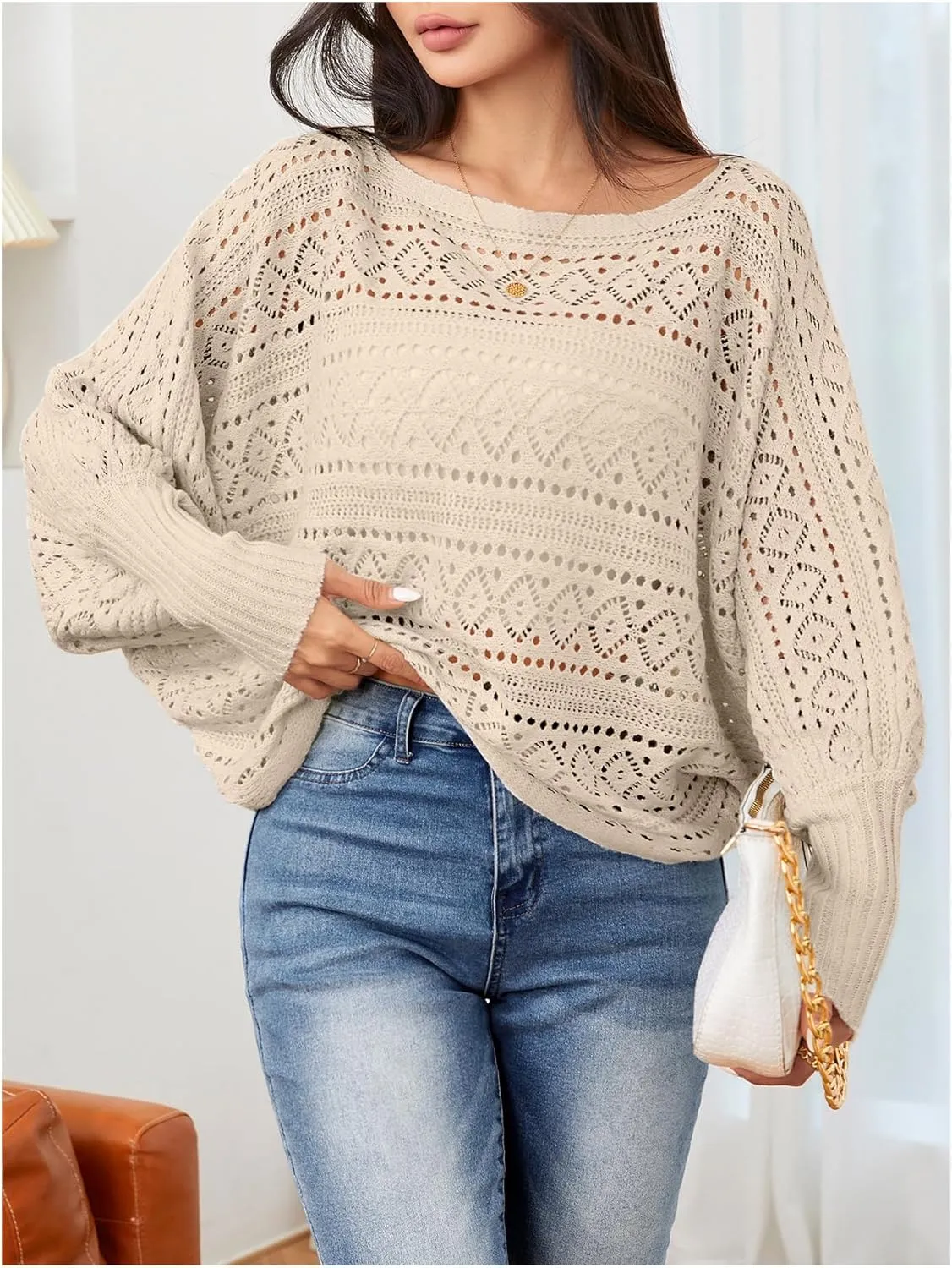 Verdusa Women's Off The Shoulder Sweater Crochet Dolman Sleeve Hollow Out Oversized Boat Neck Long Sleeve Pullovers