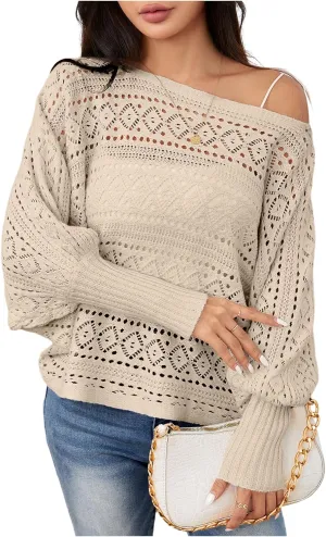 Verdusa Women's Off The Shoulder Sweater Crochet Dolman Sleeve Hollow Out Oversized Boat Neck Long Sleeve Pullovers