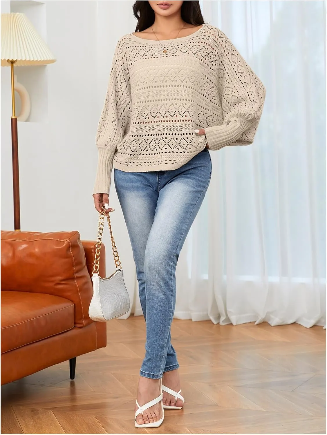 Verdusa Women's Off The Shoulder Sweater Crochet Dolman Sleeve Hollow Out Oversized Boat Neck Long Sleeve Pullovers