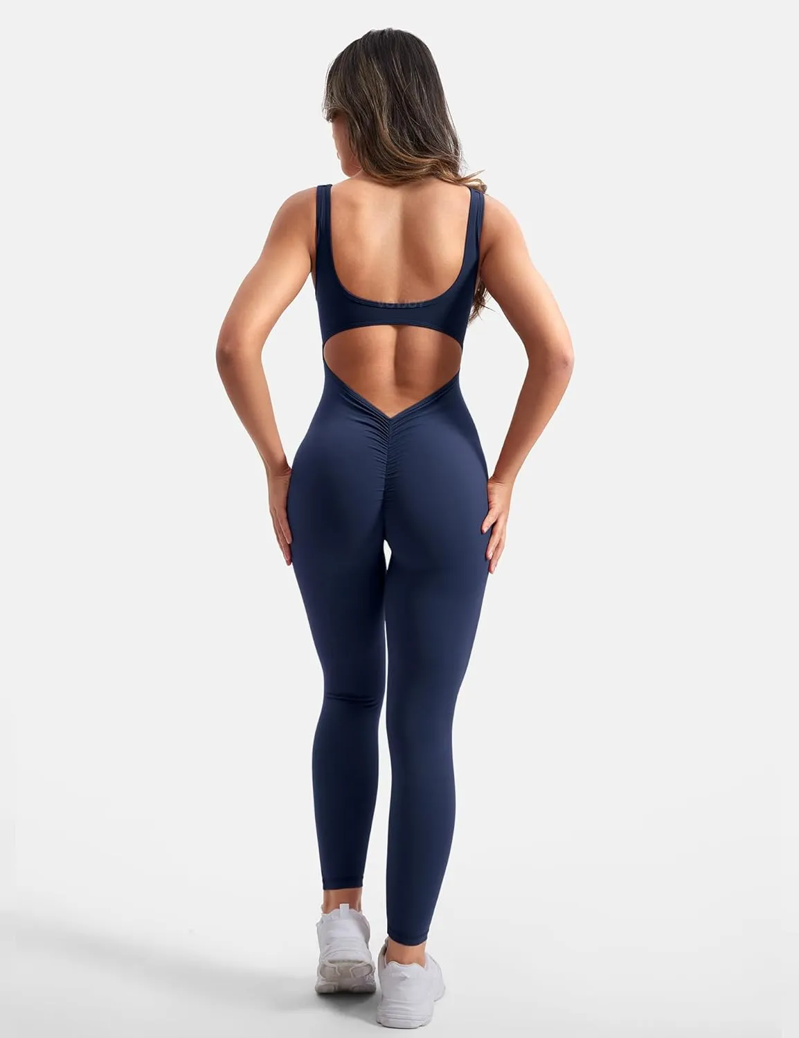 VOYJOY Women Backless Scrunch Butt Jumpsuits One Piece U Neck Bodycon Leggings Yoga Rompers V Back Playsuit