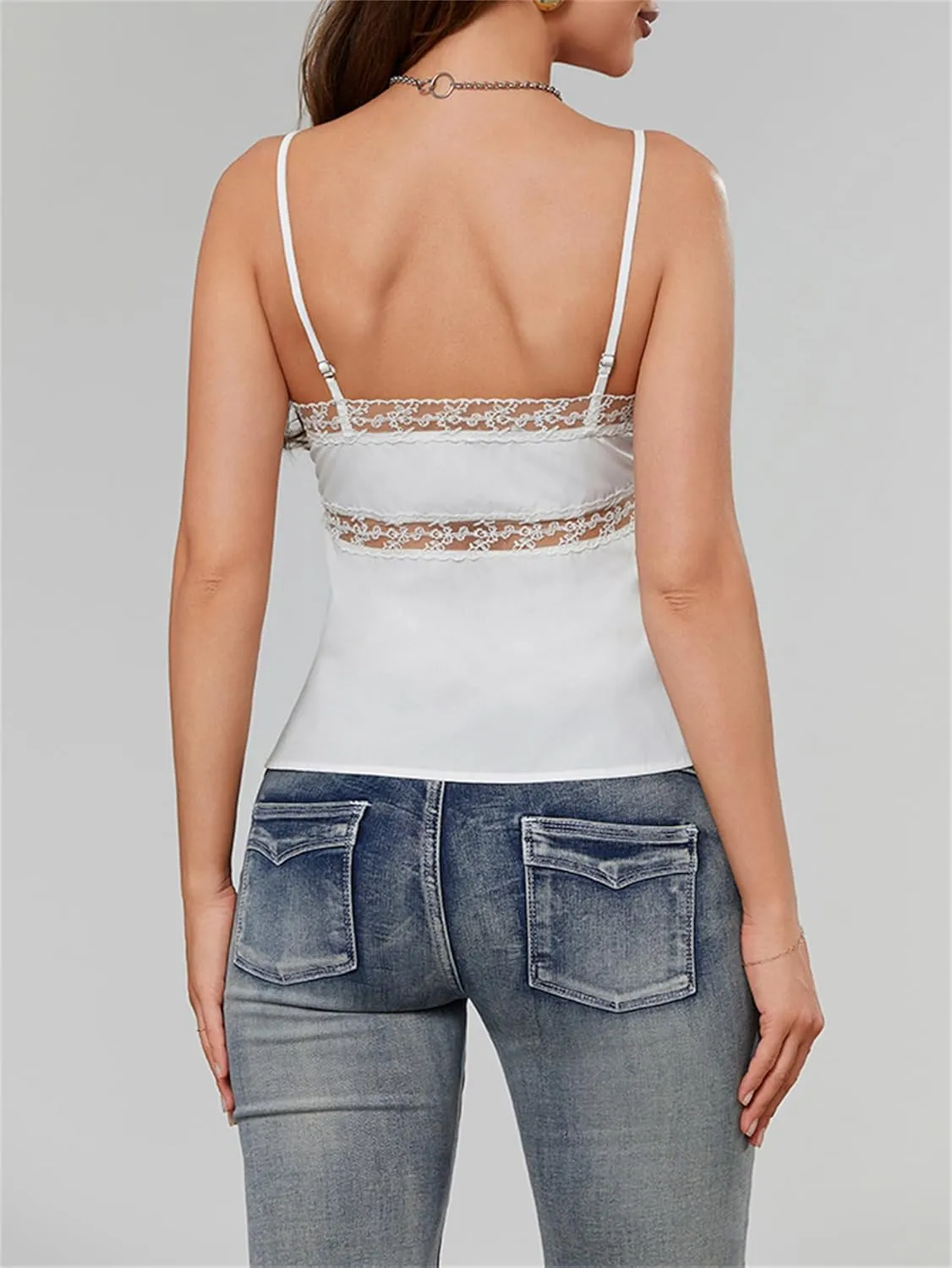 Women Babydoll Tank Tops Y2k Lace Trim V Neck Sleeveless Spaghetti Straps Camisole Flared Hem Flowy Peplum Cami Tops