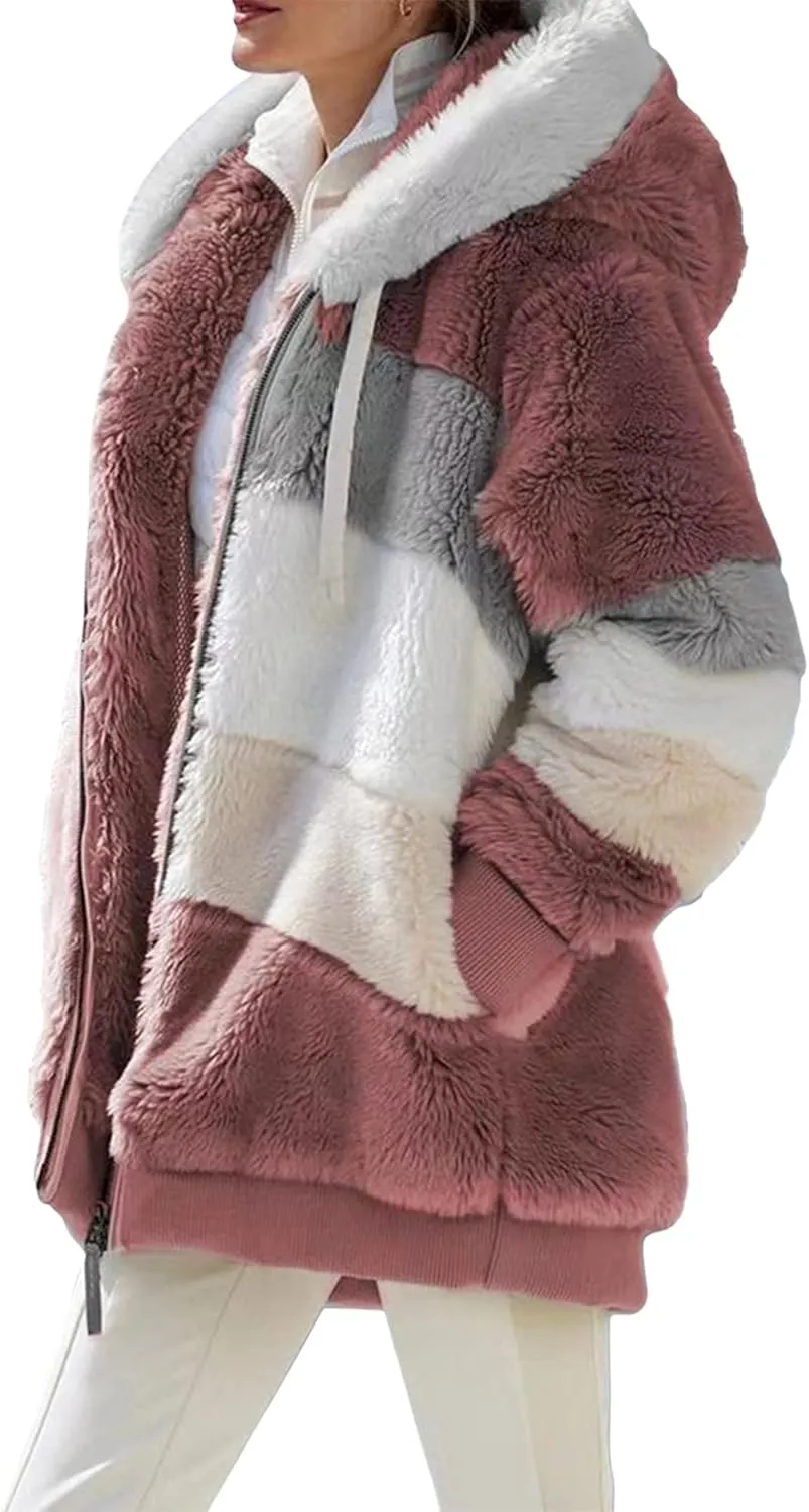 Women Hooded Sweatshirt Plush Jacket Long Sleeve Zipper Oversized Hoodie Sweater Fall Winter Pullover Coat Top