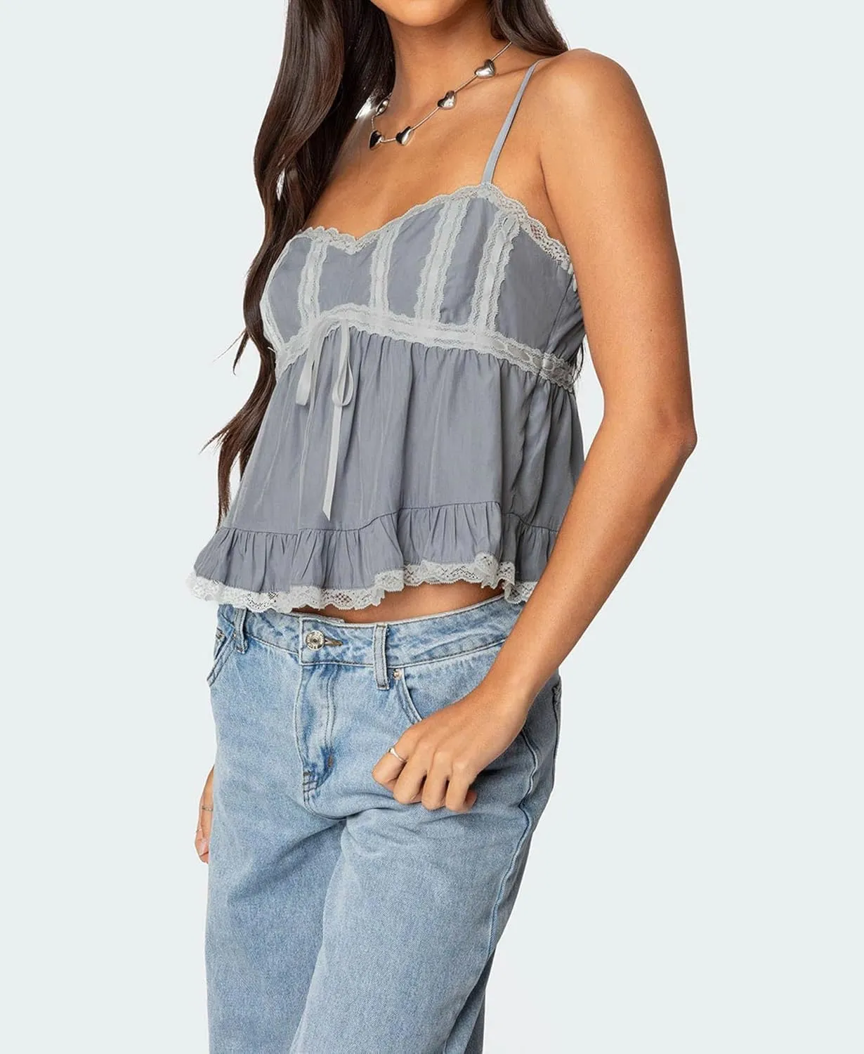 Women Lace Trim Ruffle Hem Camisole Tops Cute Bow Babydoll Peplum Cami Shirt Summer Tank Tops Y2K Fairy Streetwear
