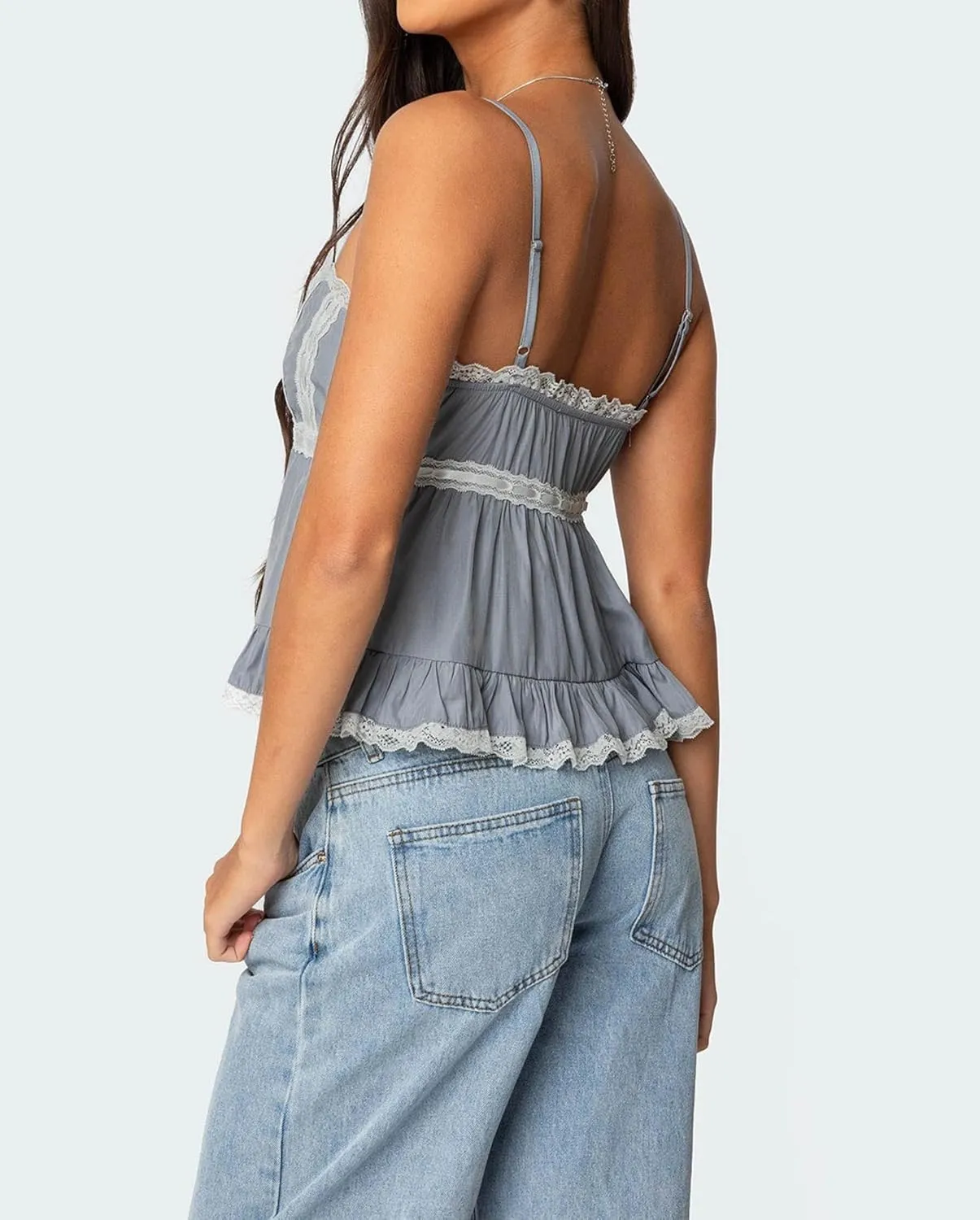 Women Lace Trim Ruffle Hem Camisole Tops Cute Bow Babydoll Peplum Cami Shirt Summer Tank Tops Y2K Fairy Streetwear