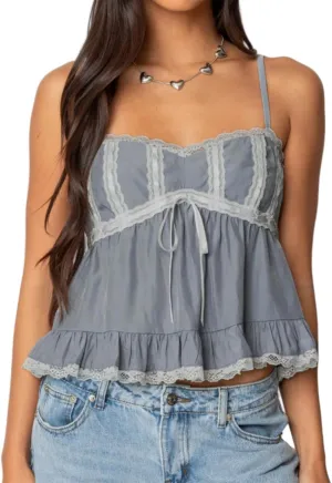 Women Lace Trim Ruffle Hem Camisole Tops Cute Bow Babydoll Peplum Cami Shirt Summer Tank Tops Y2K Fairy Streetwear