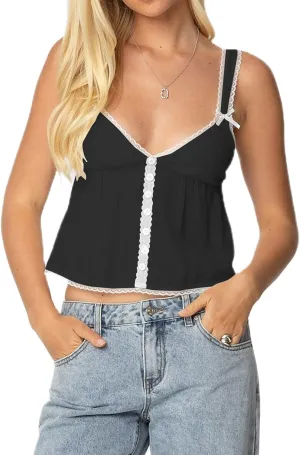 Women Lace Trim Ruffle Hem Camisole Tops Cute Bow Babydoll Peplum Cami Shirt Summer Tank Tops Y2K Fairy Streetwear