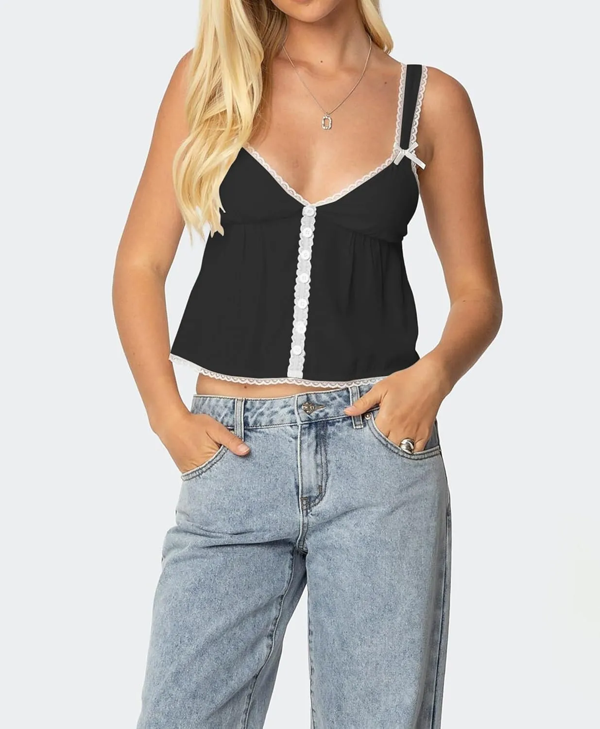 Women Lace Trim Ruffle Hem Camisole Tops Cute Bow Babydoll Peplum Cami Shirt Summer Tank Tops Y2K Fairy Streetwear