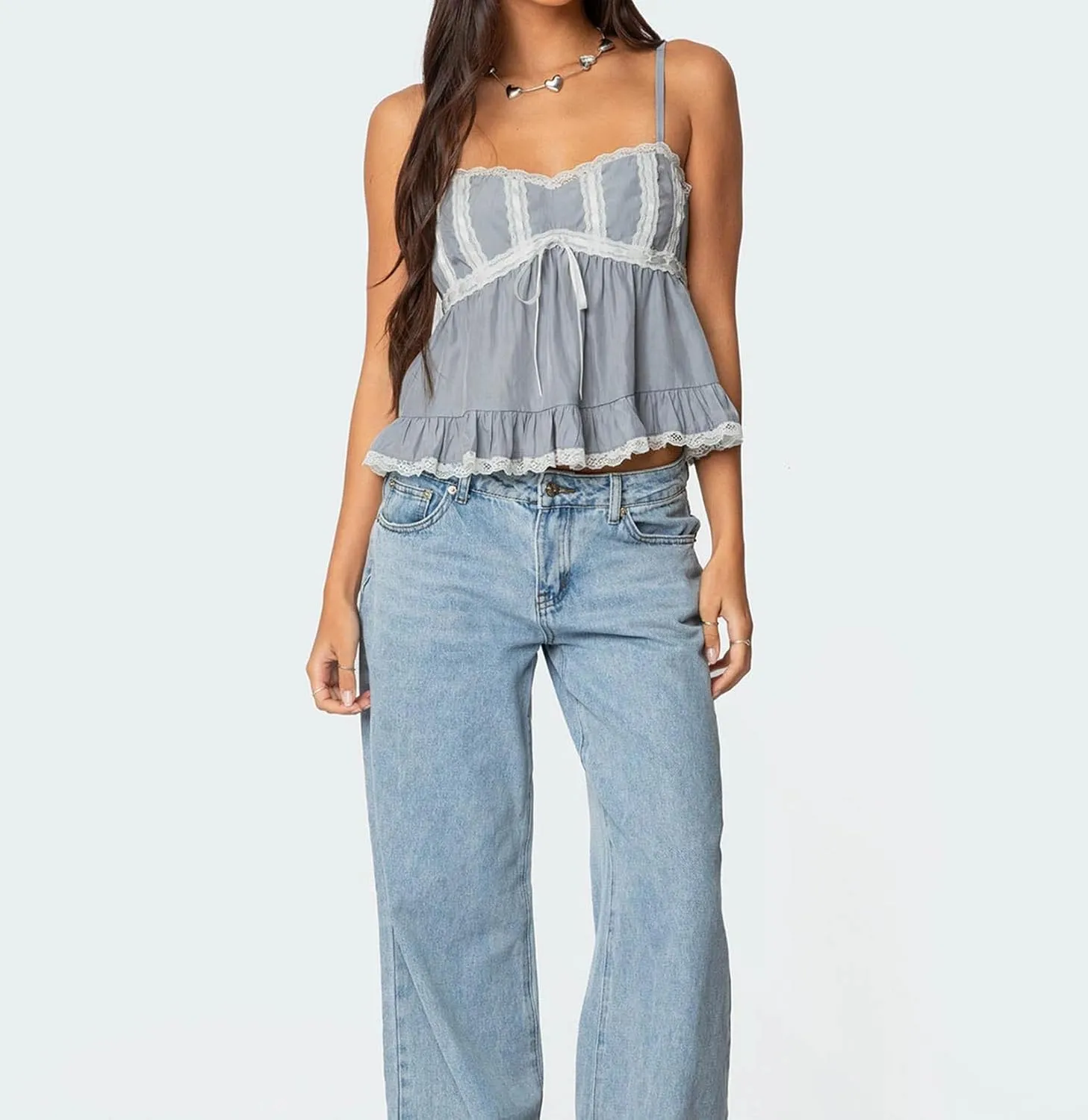 Women Lace Trim Ruffle Hem Camisole Tops Cute Bow Babydoll Peplum Cami Shirt Summer Tank Tops Y2K Fairy Streetwear