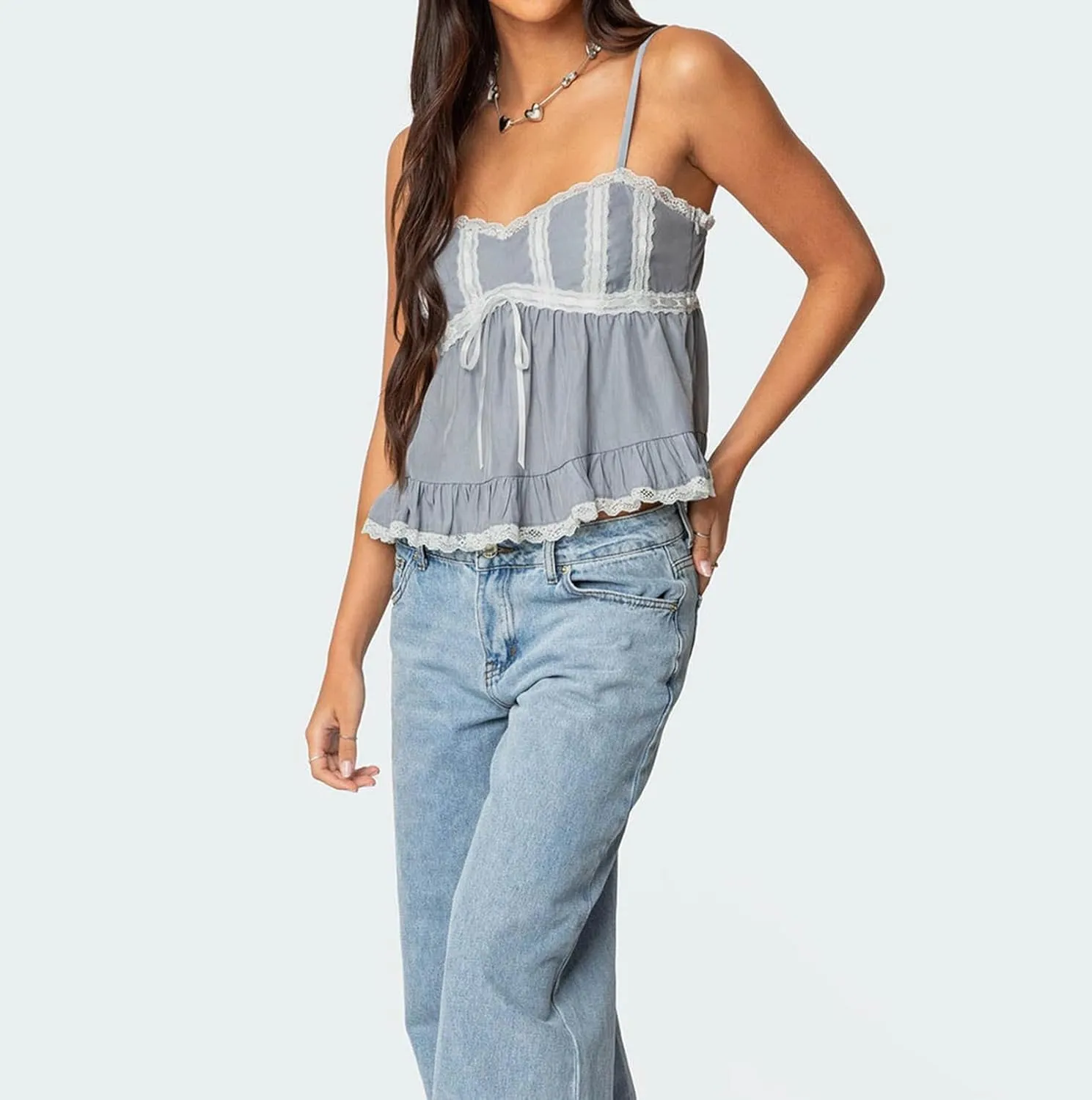 Women Lace Trim Ruffle Hem Camisole Tops Cute Bow Babydoll Peplum Cami Shirt Summer Tank Tops Y2K Fairy Streetwear