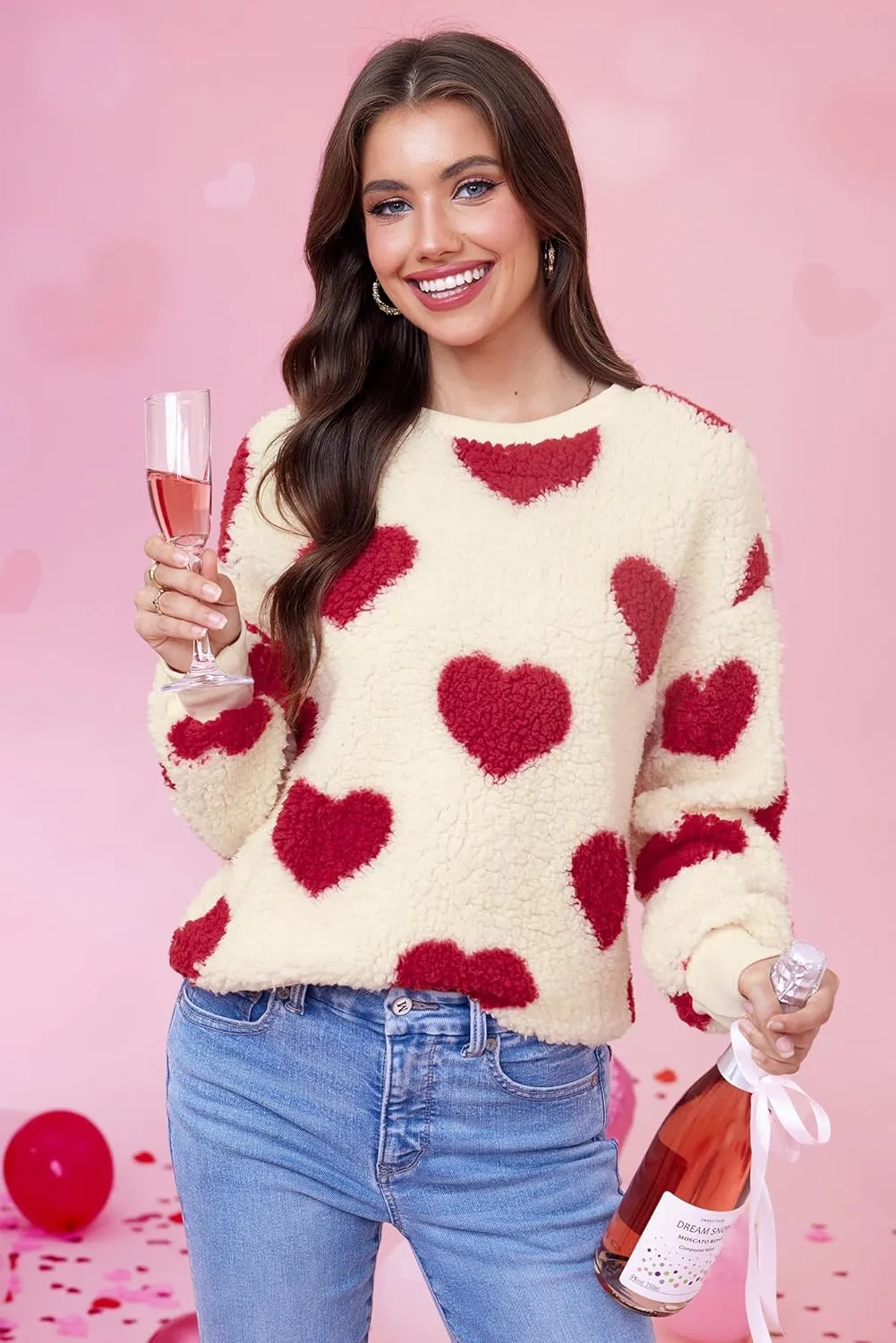 Women Love Heart Sweatshirt Fuzzy Fleece Pullover Tops