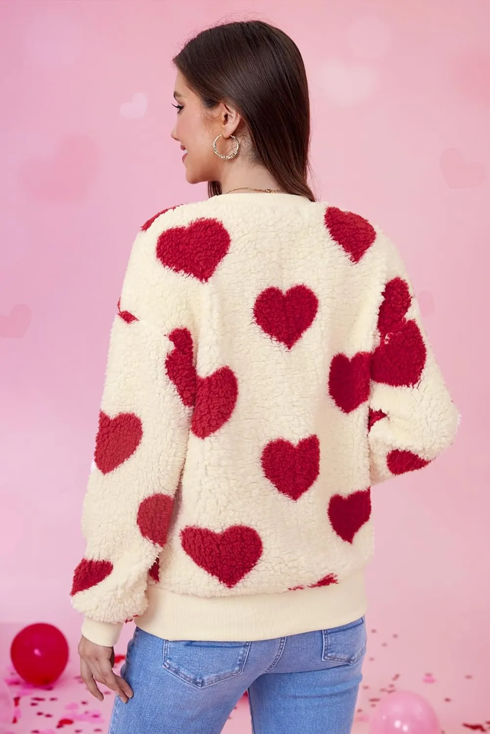 Women Love Heart Sweatshirt Fuzzy Fleece Pullover Tops