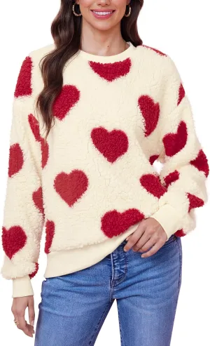 Women Love Heart Sweatshirt Fuzzy Fleece Pullover Tops