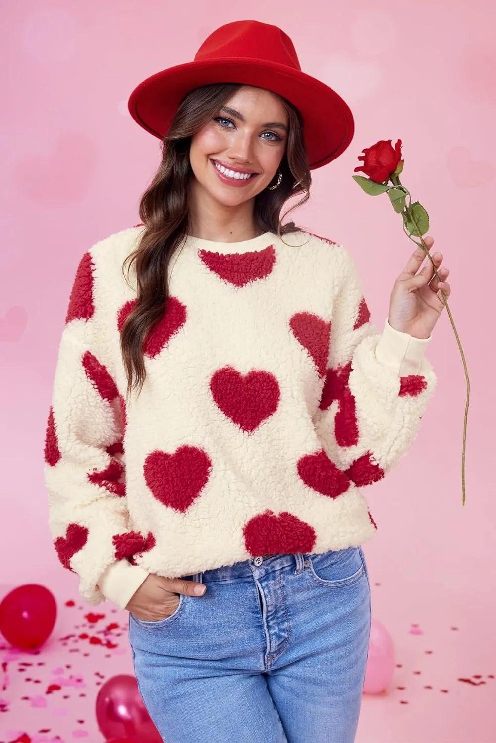 Women Love Heart Sweatshirt Fuzzy Fleece Pullover Tops