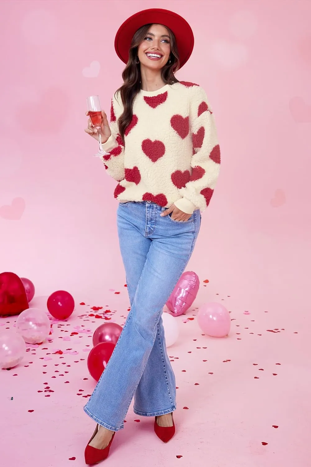 Women Love Heart Sweatshirt Fuzzy Fleece Pullover Tops