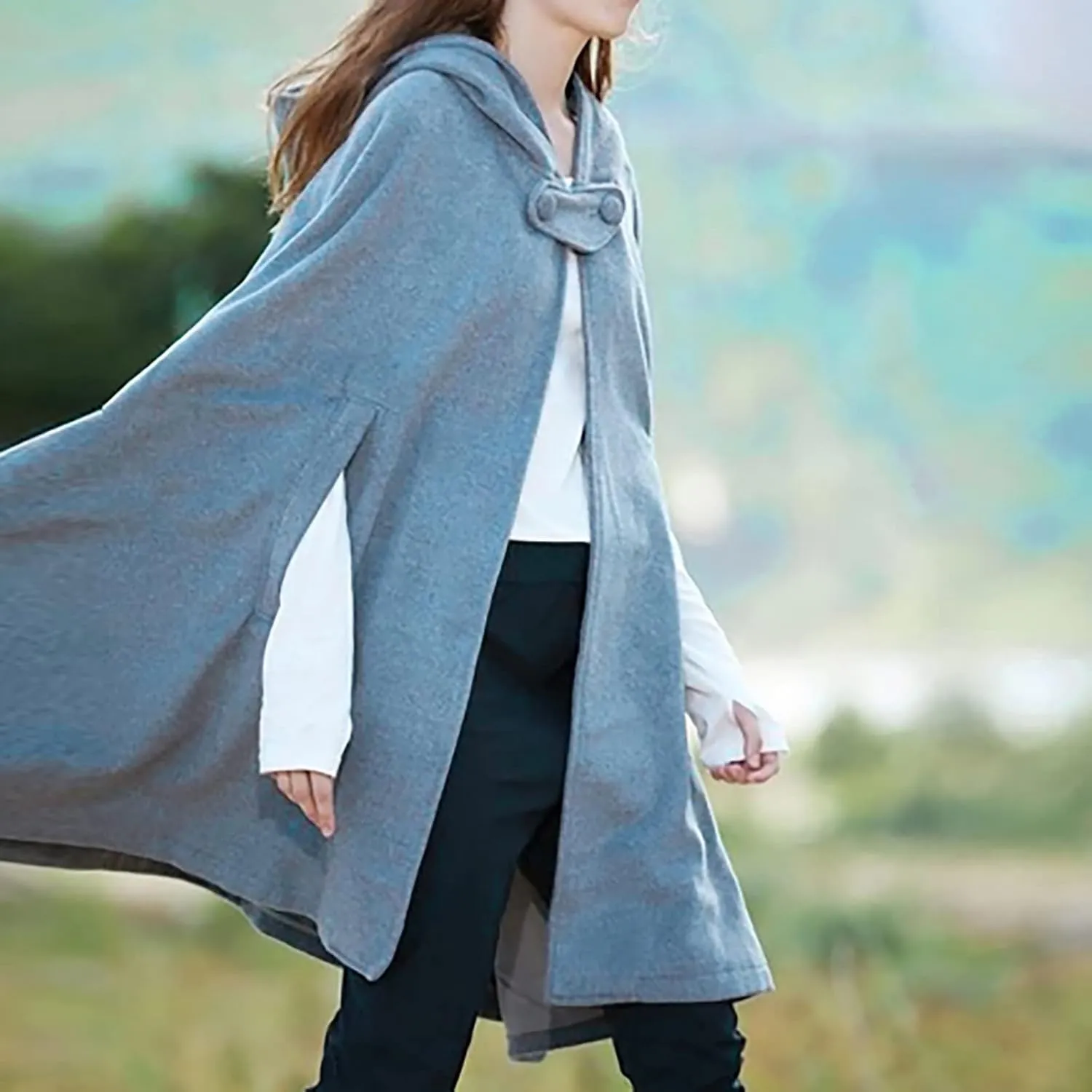 Women Poncho Cape Coat 2024 Fall Fashion Renaissance Hooded Cardigan Winter Open Front Witch Cloak Outwear Jacket