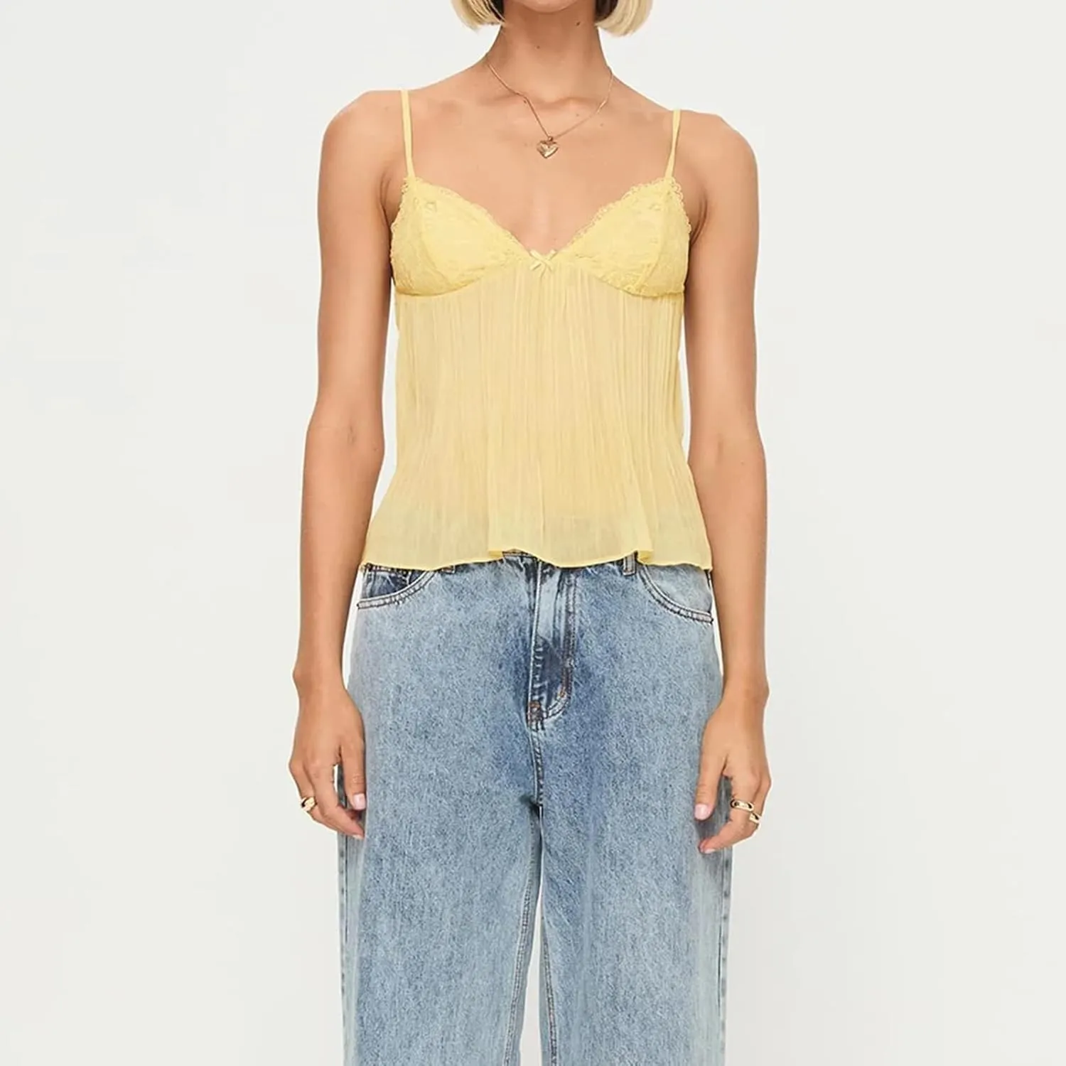 Women Sexy Y2k Lace Trim Camisole Spaghetti Strap Sheer Mesh Tank Top V-Neck Pleated Camisole Streetwear