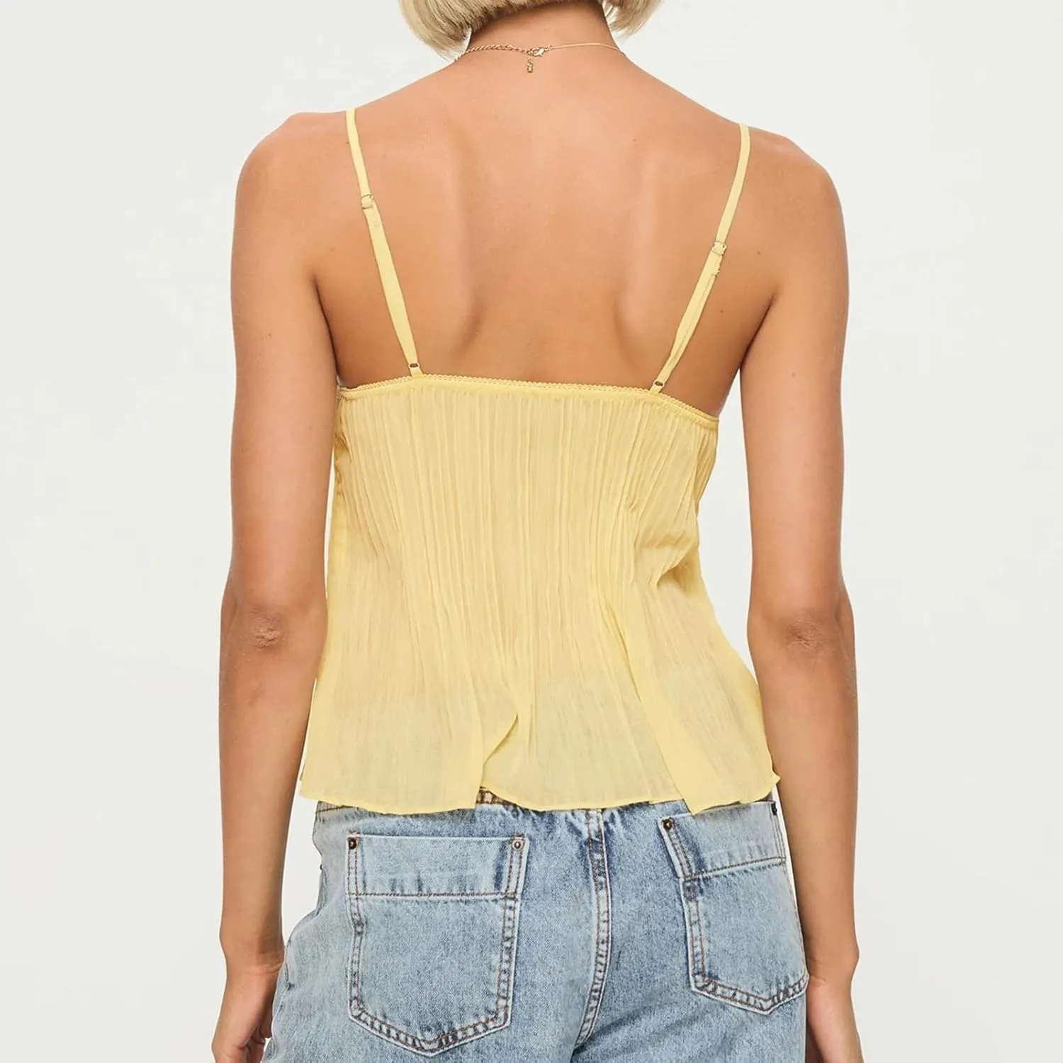 Women Sexy Y2k Lace Trim Camisole Spaghetti Strap Sheer Mesh Tank Top V-Neck Pleated Camisole Streetwear