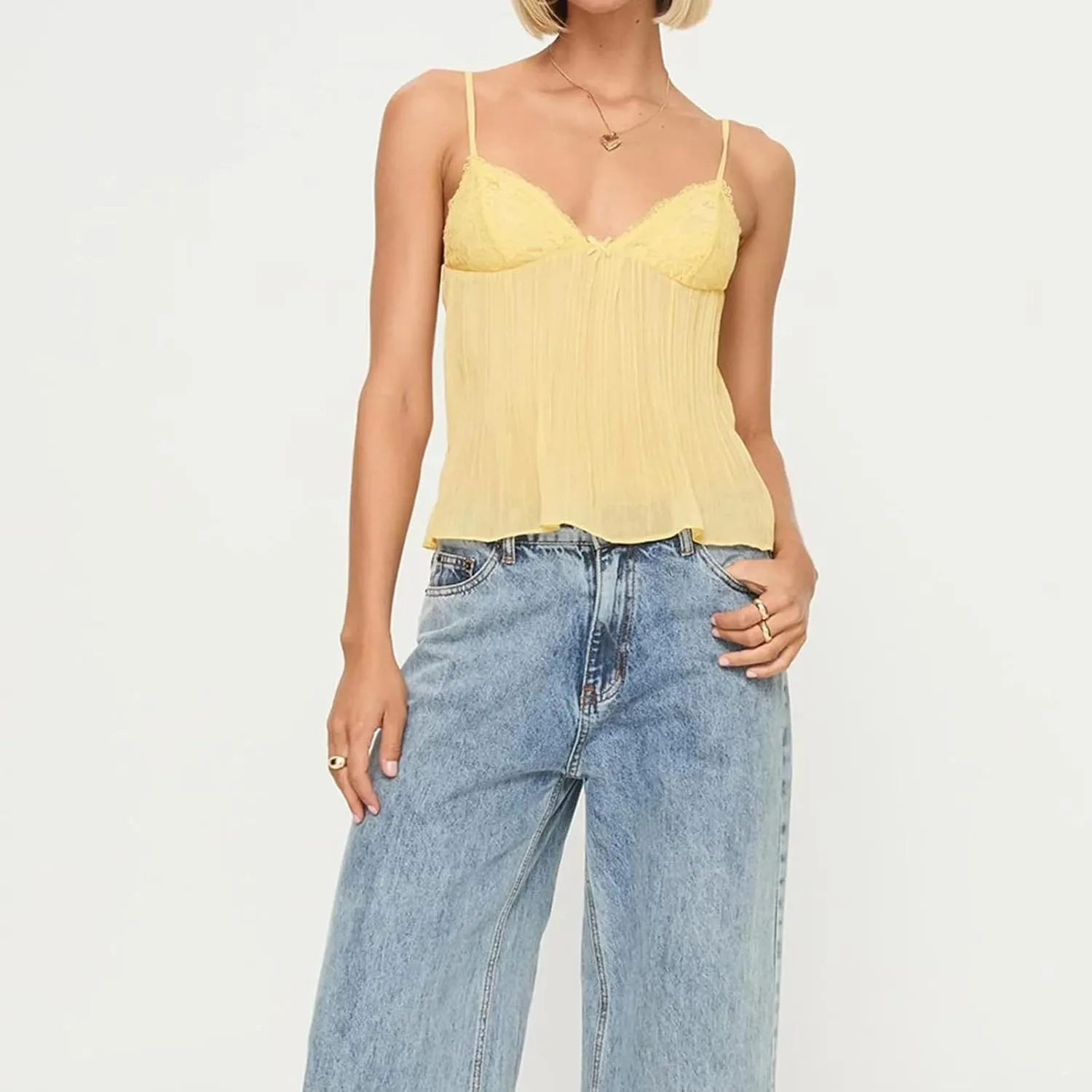 Women Sexy Y2k Lace Trim Camisole Spaghetti Strap Sheer Mesh Tank Top V-Neck Pleated Camisole Streetwear