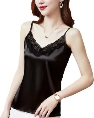 Women Summer Camisole Satin Patchwork Lace Shirt V-Neck Sleeveless Tank Tops