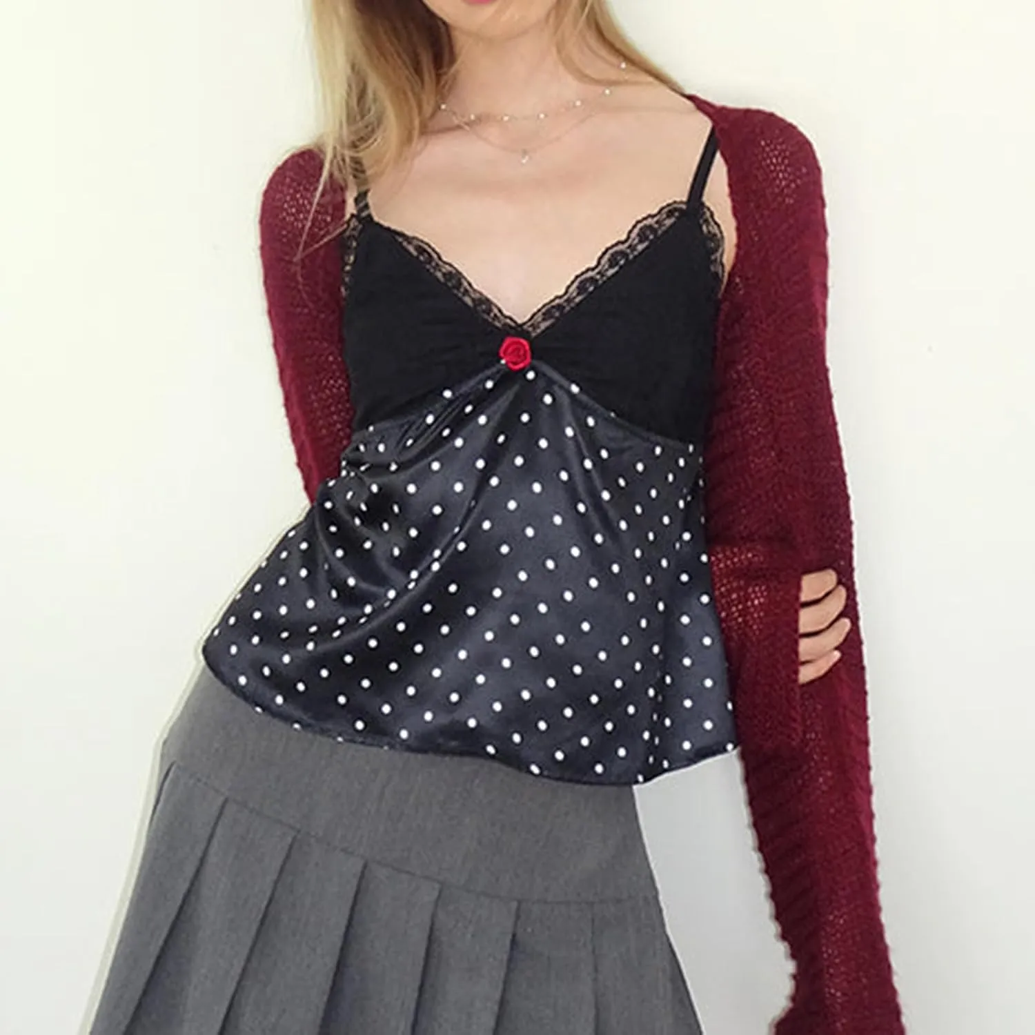 Women Y2K Polka Dot Tank Tops Lace Trim Sleeveless V Neck Crop Top Sexy Backless Spaghetti Strap Camisole Going Out Cami
