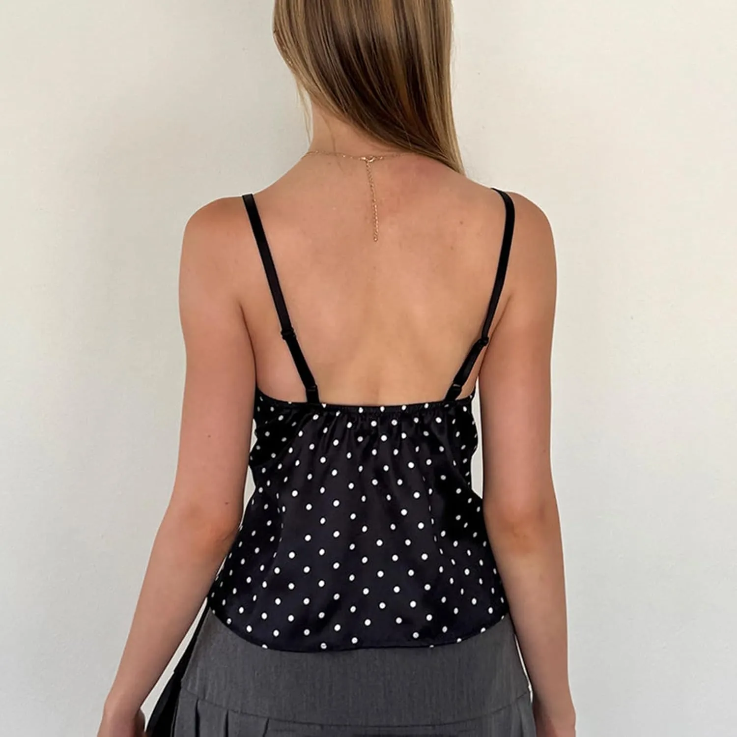 Women Y2K Polka Dot Tank Tops Lace Trim Sleeveless V Neck Crop Top Sexy Backless Spaghetti Strap Camisole Going Out Cami