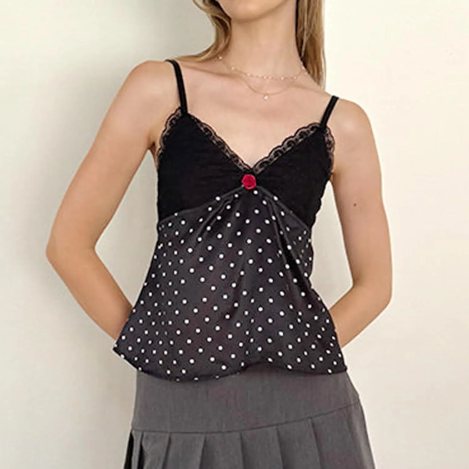 Women Y2K Polka Dot Tank Tops Lace Trim Sleeveless V Neck Crop Top Sexy Backless Spaghetti Strap Camisole Going Out Cami