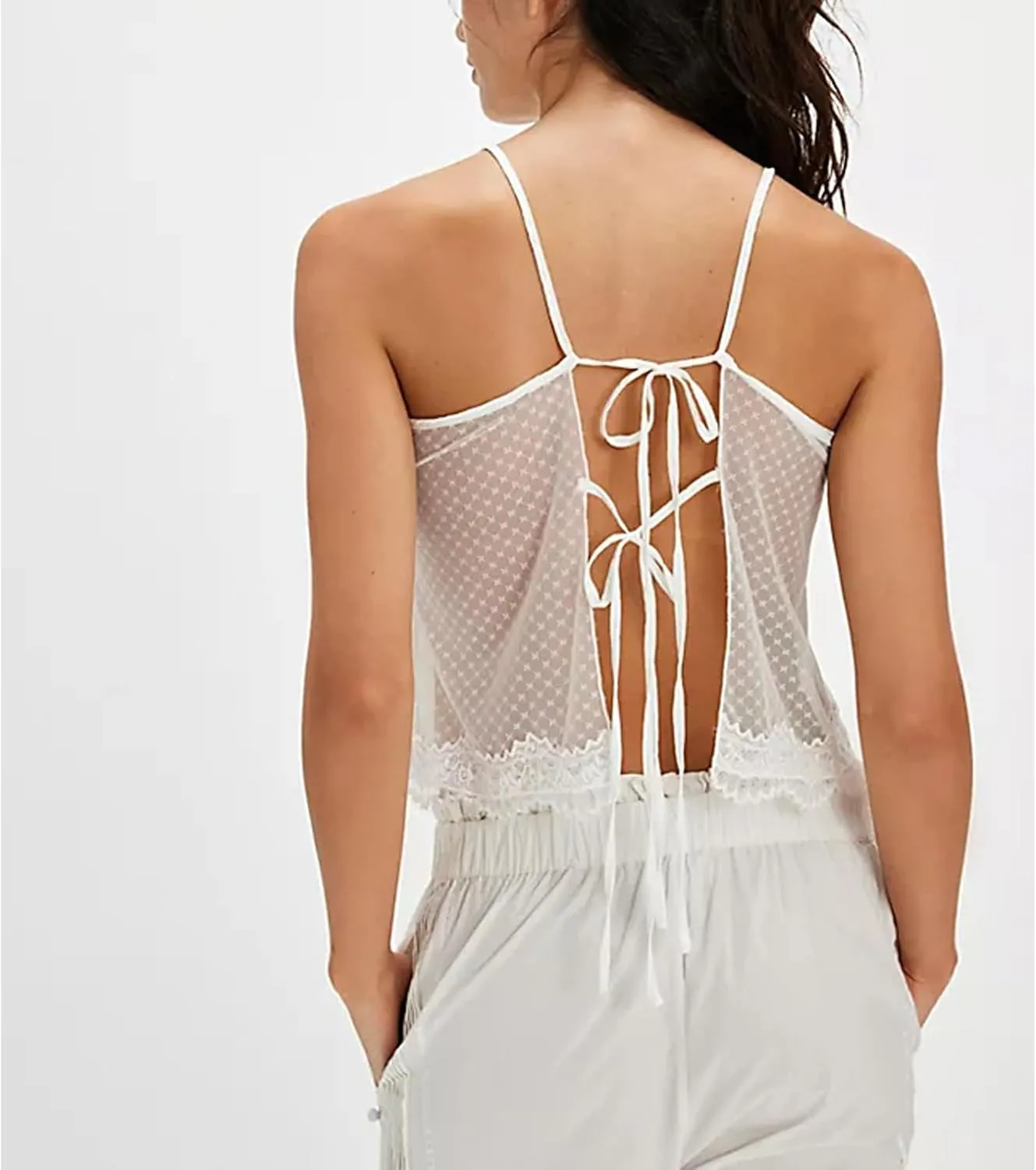 Women Y2K Retro Lace Cami Tops Sexy Backless Spaghetti Strap Low Cut Tanks Sheer Floral Lace Going Out Tops Summer