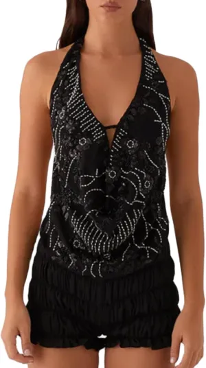 Women Y2K Sequin Halter Cami Top Sexy Sparkle V Neck Backless Criss Cross Straps Tank Bling Glitter Camisole
