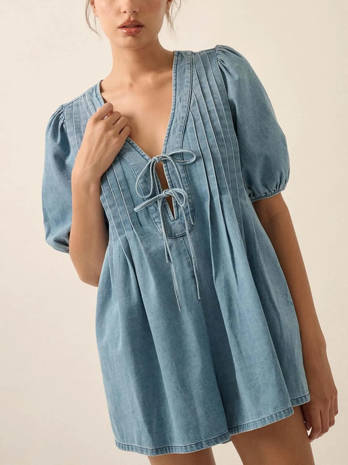Womens 2025 Summer Short Sleeve Tie Front V Neck Jean Romper Denim Shorts Jumpsuit with Two Side Pockets