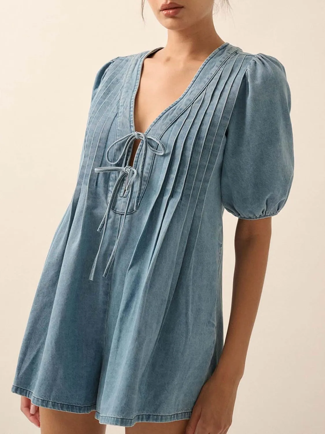 Womens 2025 Summer Short Sleeve Tie Front V Neck Jean Romper Denim Shorts Jumpsuit with Two Side Pockets