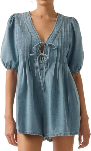 Womens 2025 Summer Short Sleeve Tie Front V Neck Jean Romper Denim Shorts Jumpsuit with Two Side Pockets