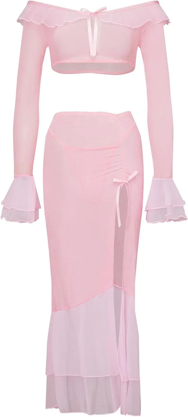 Women's 3 Piece Mesh Sheer Lingerie Set Sexy Off Shoulder Long Sleeve Tops with Split Maxi Skirt Thong Nightwear