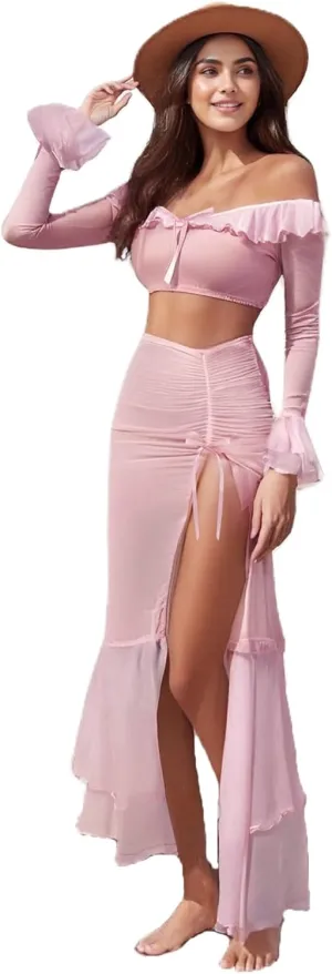 Women's 3 Piece Mesh Sheer Lingerie Set Sexy Off Shoulder Long Sleeve Tops with Split Maxi Skirt Thong Nightwear