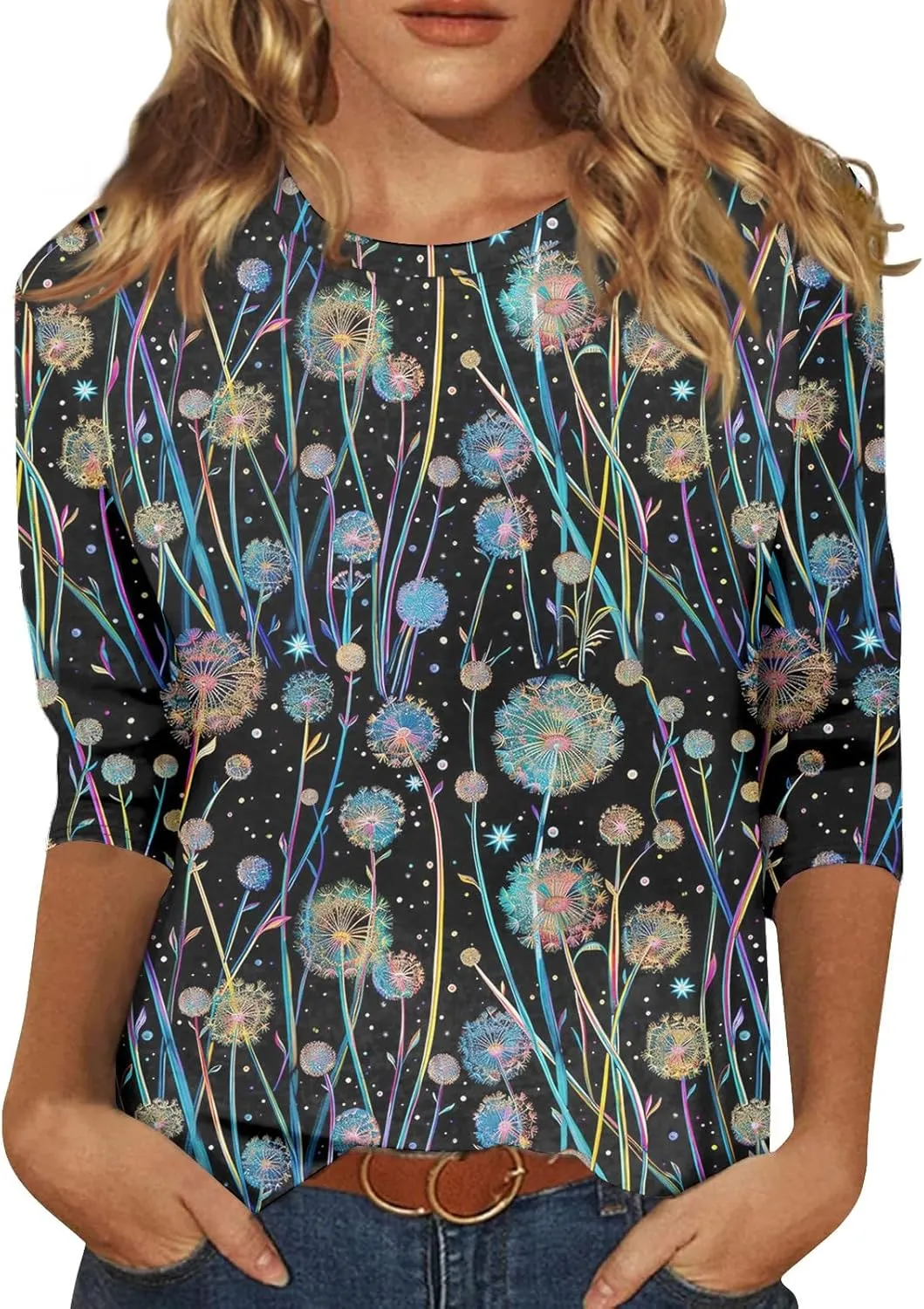 Women's 3/4 Sleeve Shirts Crew Neck Loose Tops Casual Solid Color Tshirts Trendy Basic Tunic Summer Ladies Tops
