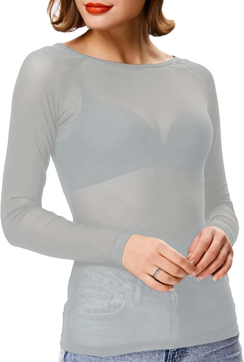 Women's Basic Long Sleeves Mesh Sheer Tops