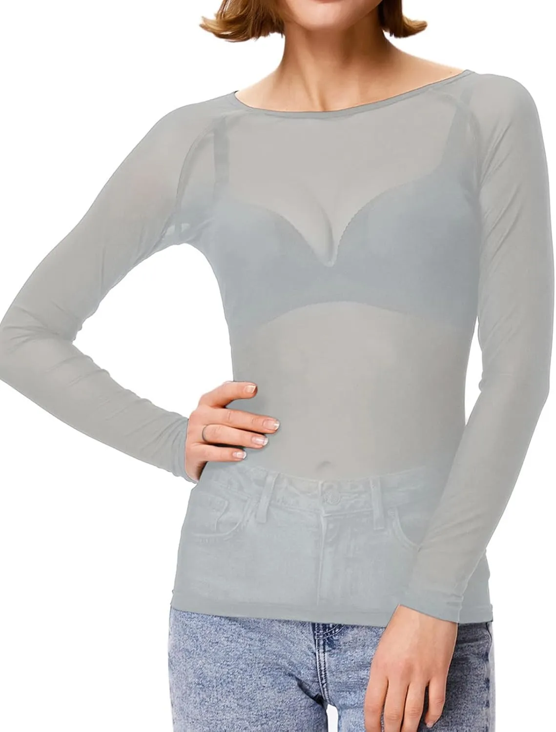 Women's Basic Long Sleeves Mesh Sheer Tops