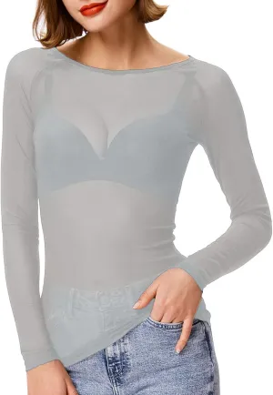 Women's Basic Long Sleeves Mesh Sheer Tops