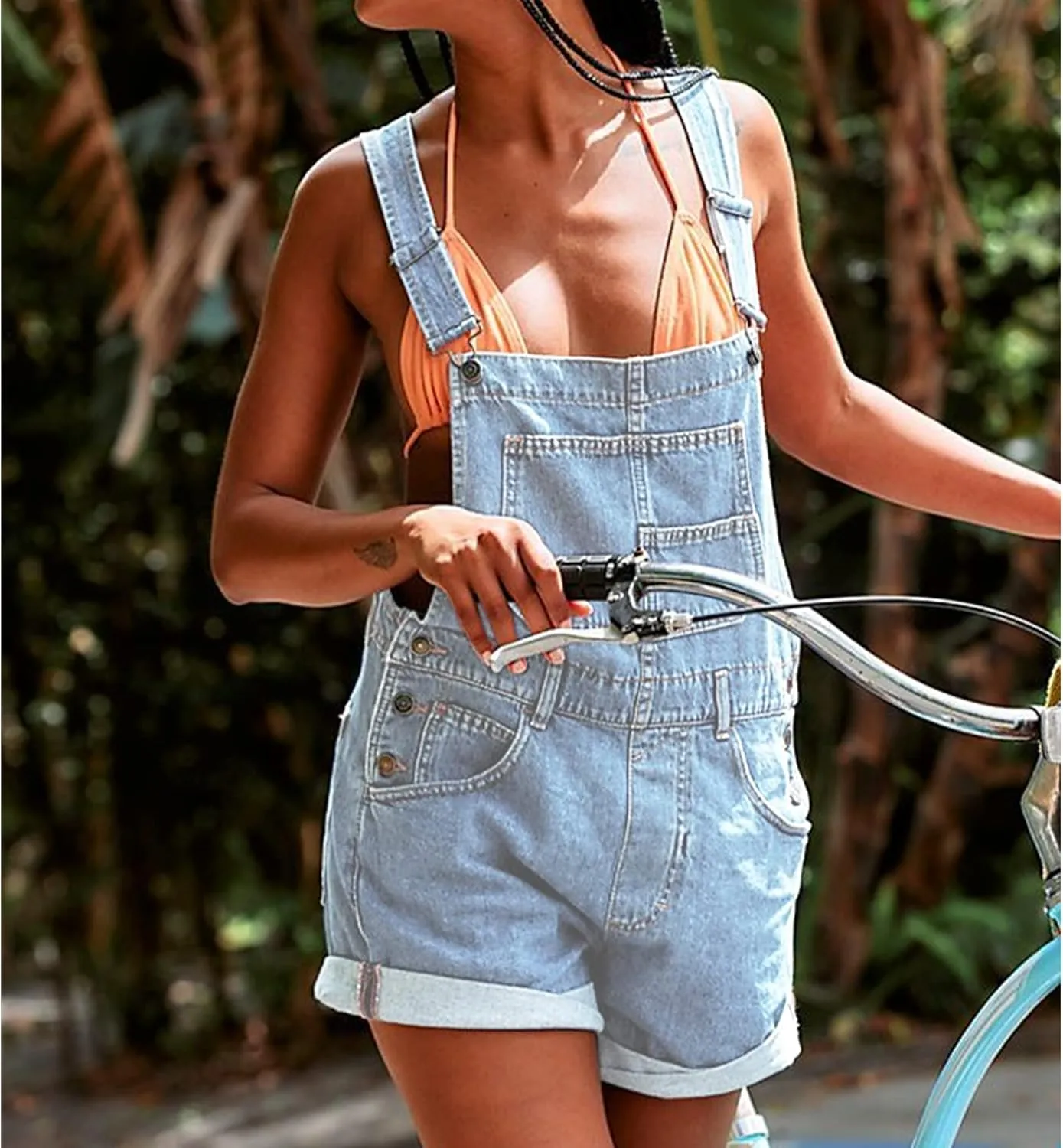 Women's Casual Denim Bib Overall Shorts Adjustable Straps Cuffed Hem Shortall Rompers
