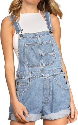 Women's Casual Denim Bib Overall Shorts Adjustable Straps Cuffed Hem Shortall Rompers
