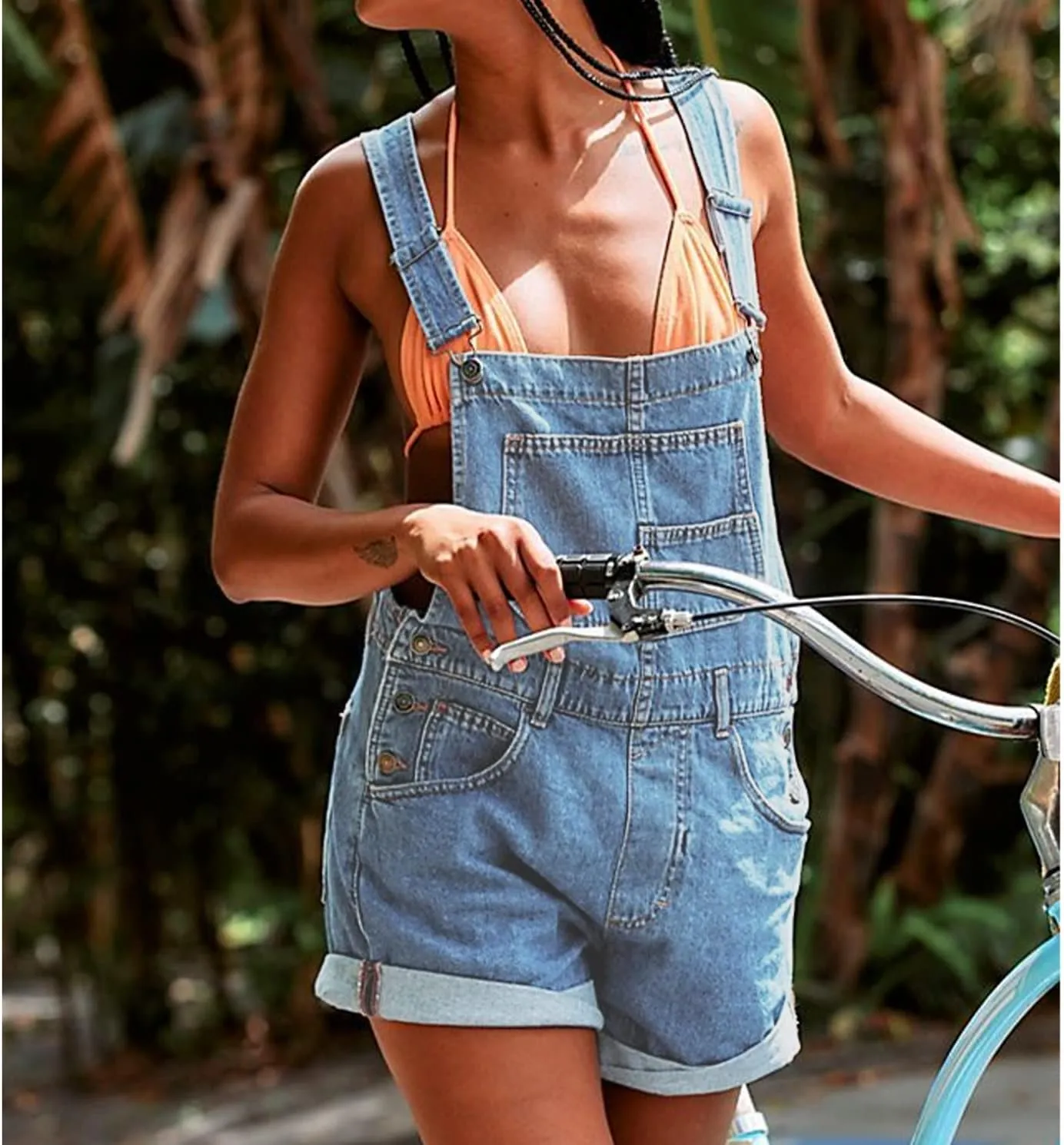 Women's Casual Denim Bib Overall Shorts Adjustable Straps Cuffed Hem Shortall Rompers